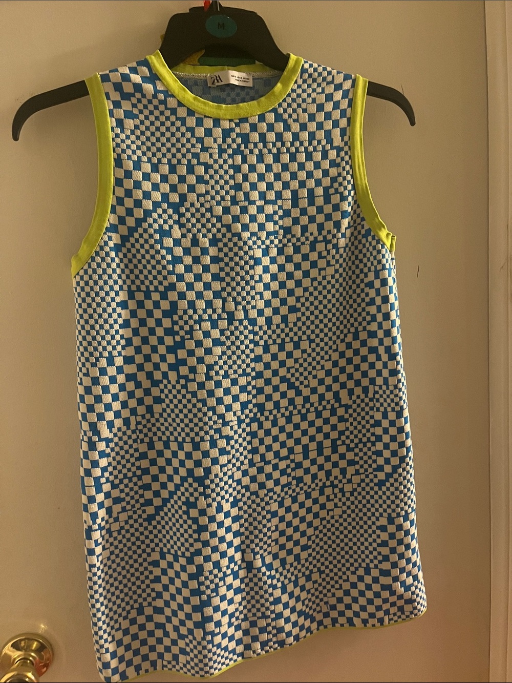 Zara Blue Checkered Sleeveless Dress with Neon Yellow Trim